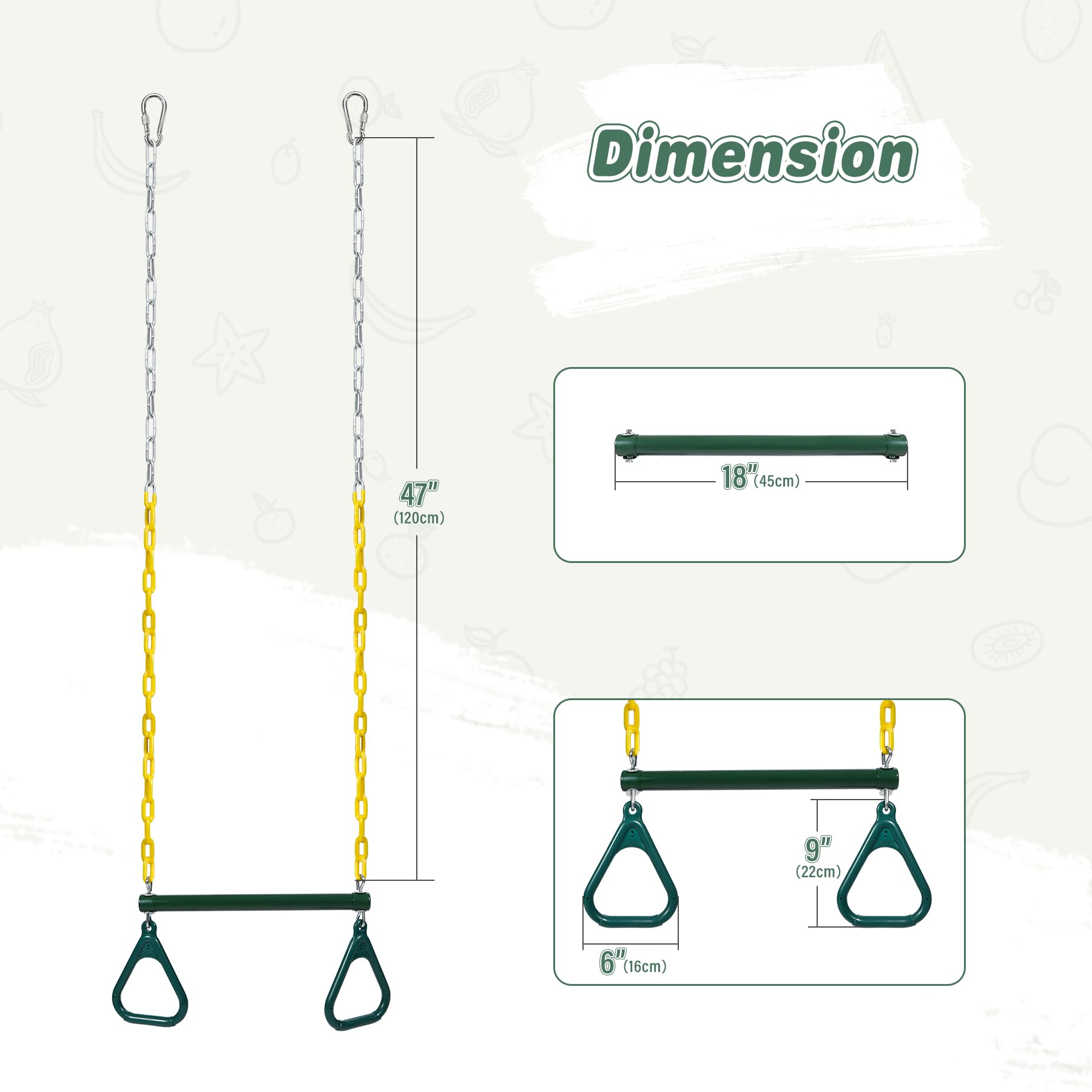 RedSwing Trapeze Swing Bar with Triangular Gymnastic Rings, Kids Swingset Heavy Duty Coated Chains with Carabiners, Outdoor Swing Play Playground Accessories, Green and Yellow