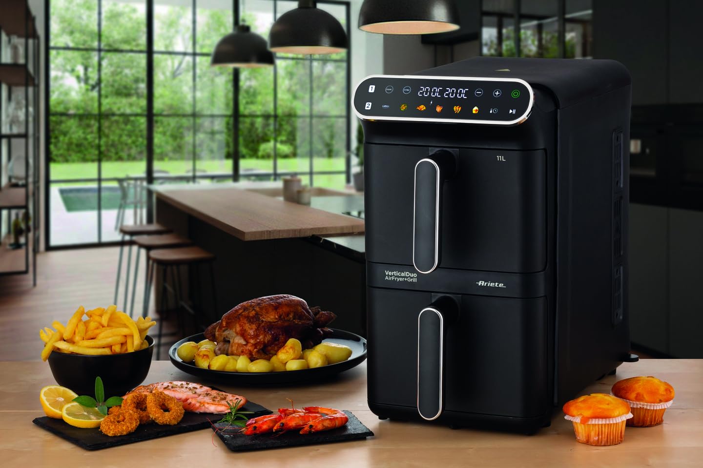 Ariete 4640/10 Air Fryer Vertical DUO, Friggitrice ad aria doppia verticale, 2460W, 11L, Due cestelli, Sync e Dual, 6 programmi, Funzione Grill, Fino a 200°C