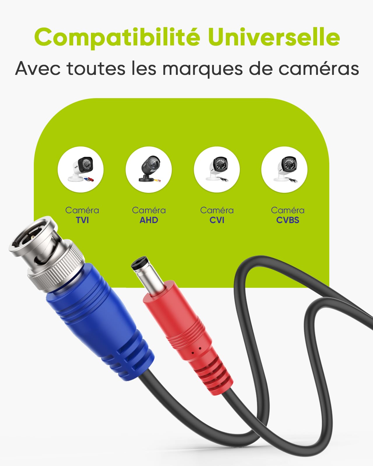 SANNCE 30m Câble de Video DC Power Connecteur BNC Vidéo 4pcs pour CCTV Caméra DVR, Noir
