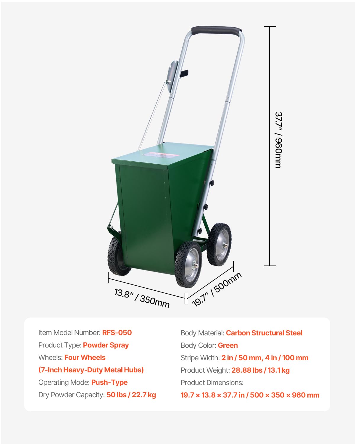 VEVOR Segnalinee a Secco per Campi da Gioco, 4 Ruote, Linee 50-100 mm, Segnalinee Regolabili, con Maniglia di Regolazione in Gomma, Capacità Polvere 22,7 kg, per Baseball Infield, Verde