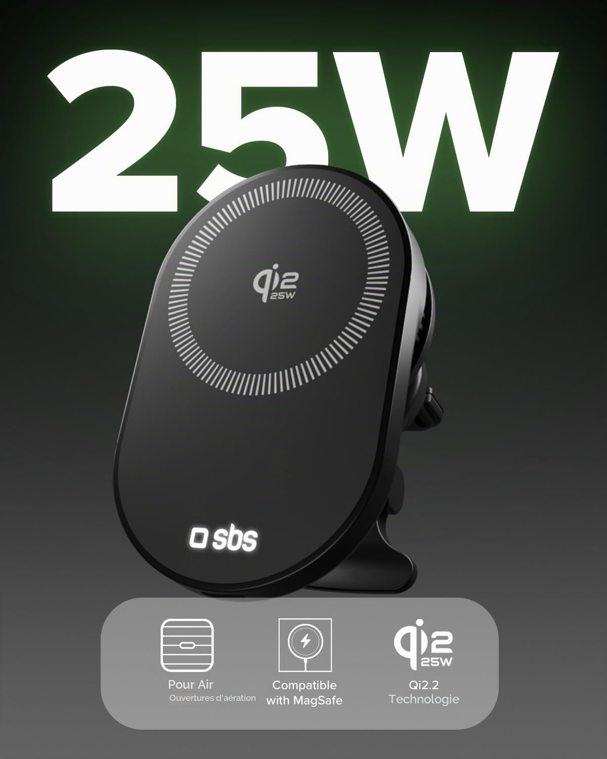 SBS Qi2 25W Chargeur sans Fil MagSafe, Support Téléphone Voiture Magnétique, Fixation Grille d'Aération, Recharge Rapide, Alimentation USB-C, Chargeur pour iPhone, Android, Noir | Fixation Grille d'Aération, Recharge Rapide, Alimentation USB-C, Chargeur p