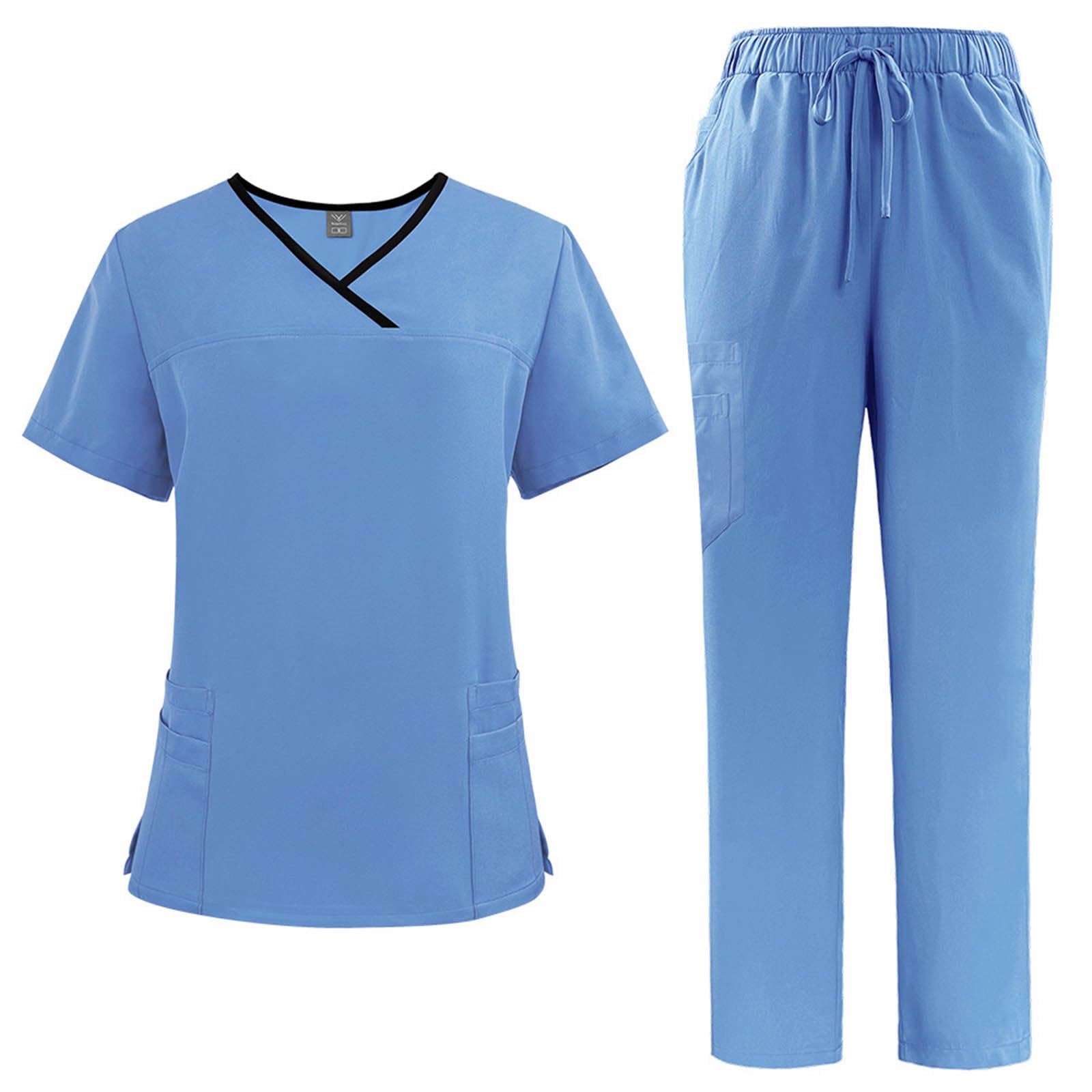 YRAETENM Scrubs for Women Set Medical Scrub Tops and Drawstring Pants Soft Nursing Uniform Scrubs Set Solid Stretch Workwear