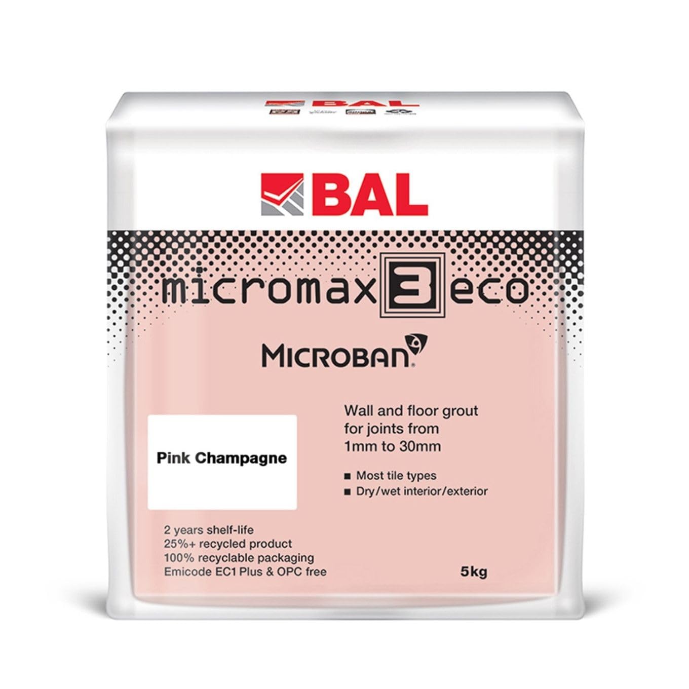 Bal Micromax3 Eco Grout Wall & Floor Grout, Rapid Set, Antimicrobial, Suitable For Interior & Exterior 5KG Bag - Pink Champagne