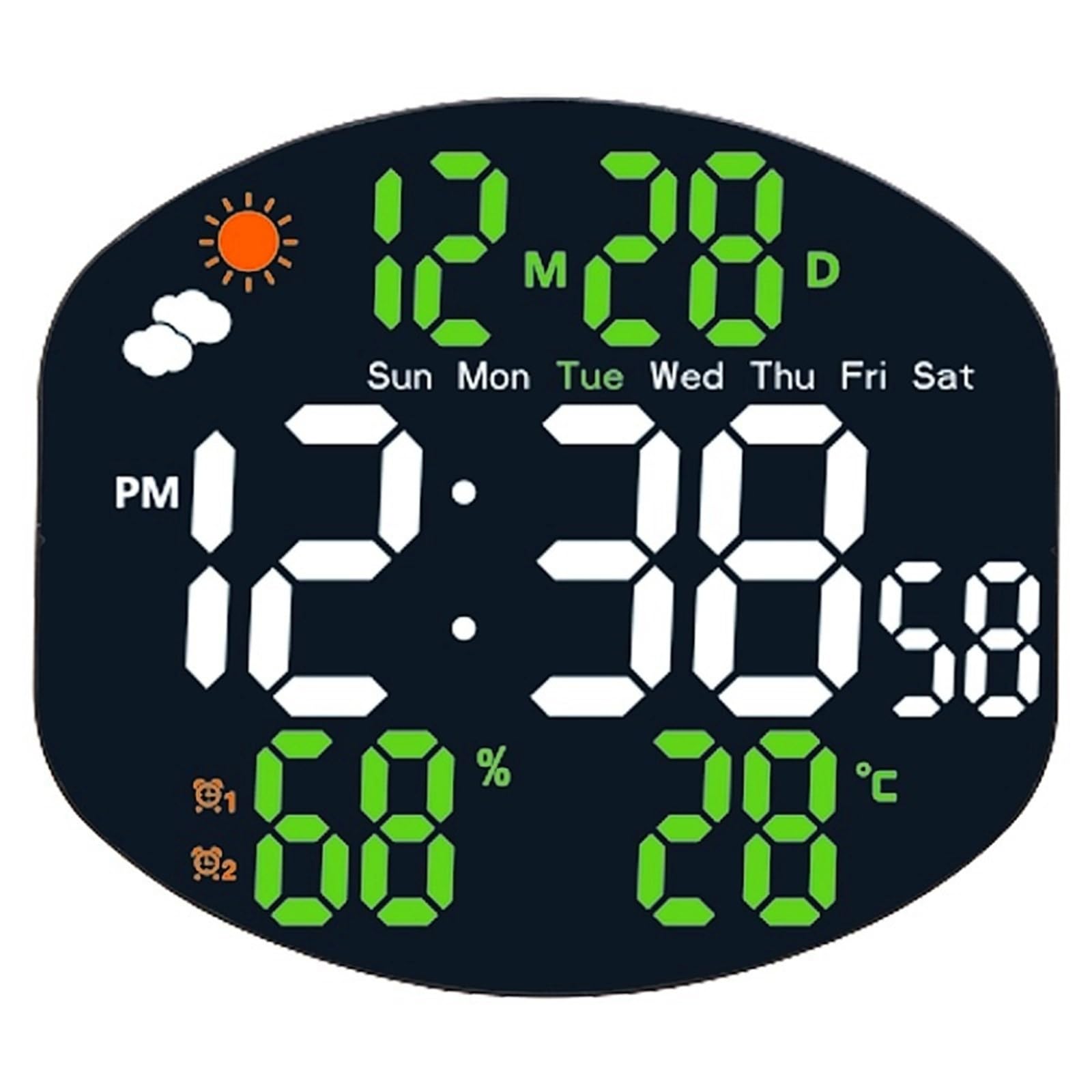 LADFRTYU Atomic Digital Wall Clock Weather Station Large Digital Wall Clock TEMP Humidity Date Week Night Mode Table 2 Alarm 12/24H USB LED(Green)