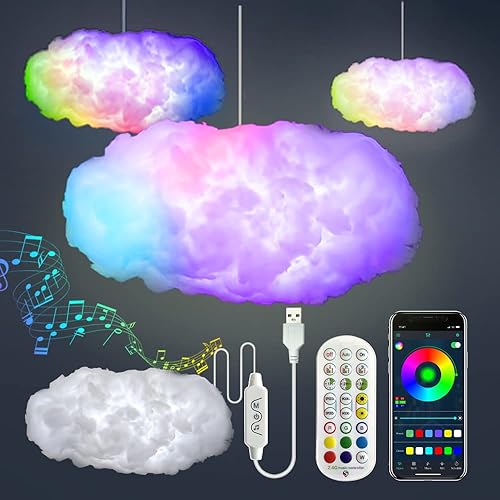 Kit de luz de rayos de nube grande 3D, sincronización de música, blanco cálido, multicolor, tira de luces cambiantes de rayos, aplicación remota