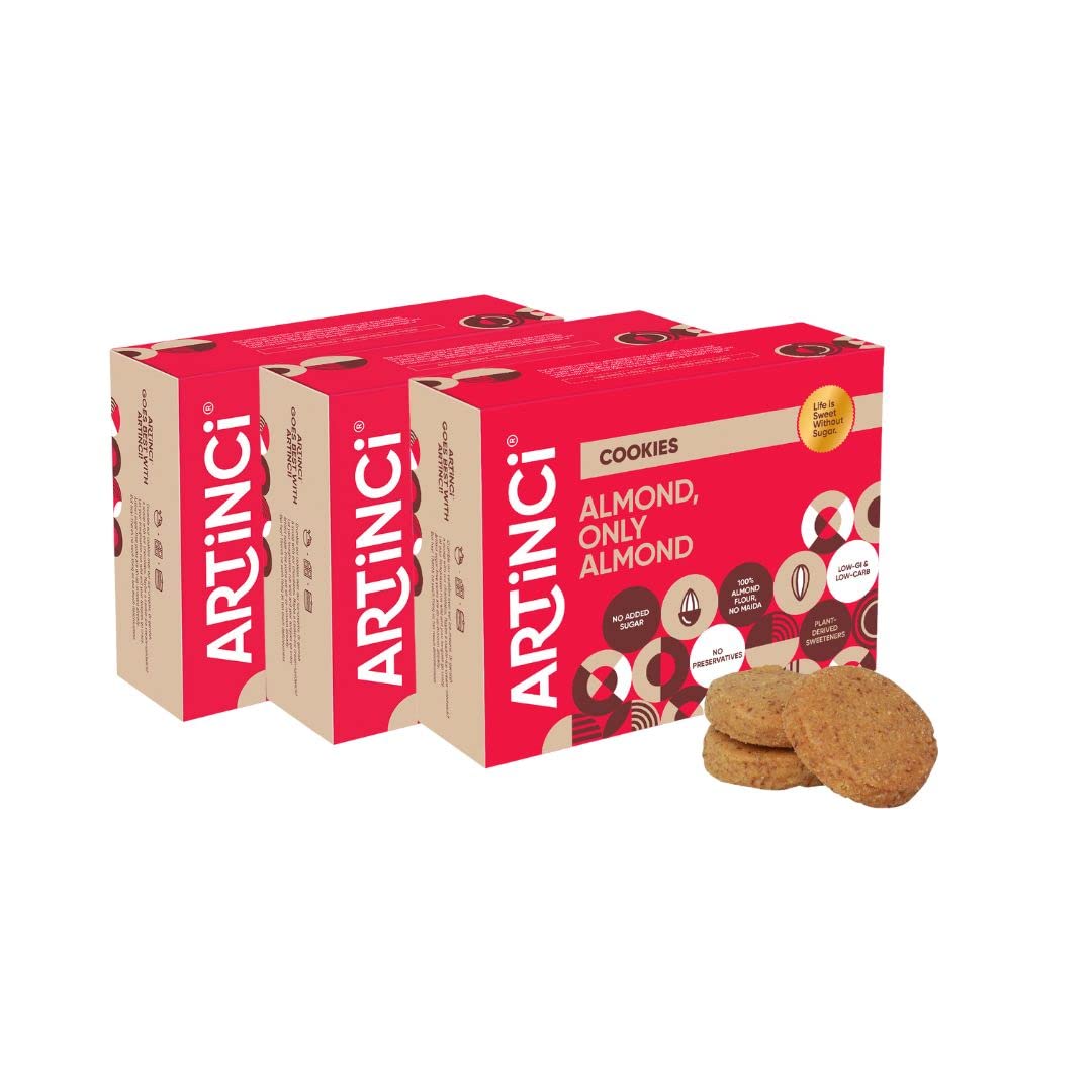 Artinci Sugar Free Almond Cookies (185g x 3), Premium California Almond Flour, Gluten-Free, No Maida, Diabetic Friendly, High Protein and High Fiber Digestive Biscuits, Sugarfree Healthy Cookies