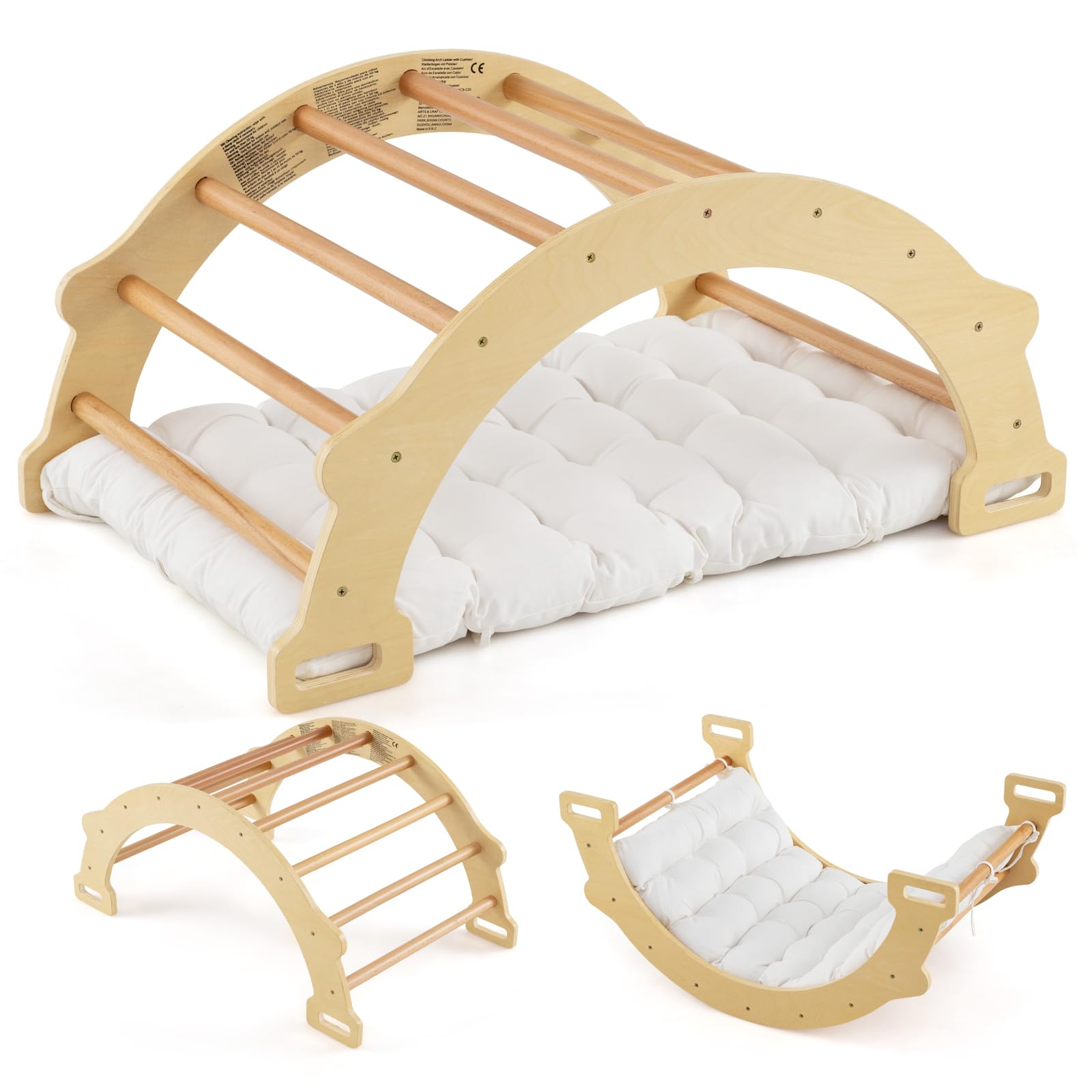 DREAMADE 2 in 1 Kletterbogen mit Kissen, Bogenwippe aus Holz, Holzwippe zum Klettern, Klettergerüst Indoor Kletterdreieck für Kinder ab 3 Jahren (Natur)