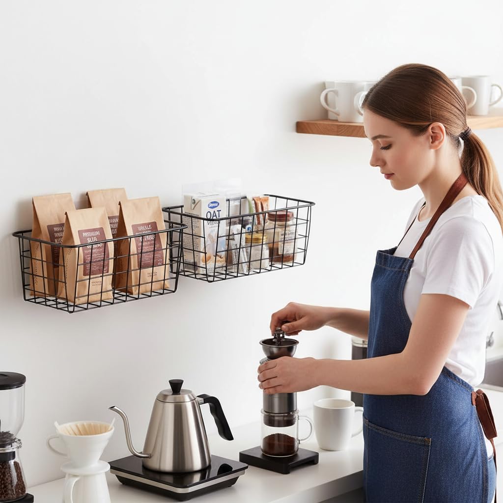 2 Set Adhesive Hanging Wall Basket Inside Cabinet Door Organizer,Wall Storage Basket-No Drilling Adhesive wall Basket for Cupboard Door,Space-Saving Small Hanging Baskets for Wall Mount Storage,Black - Image 3