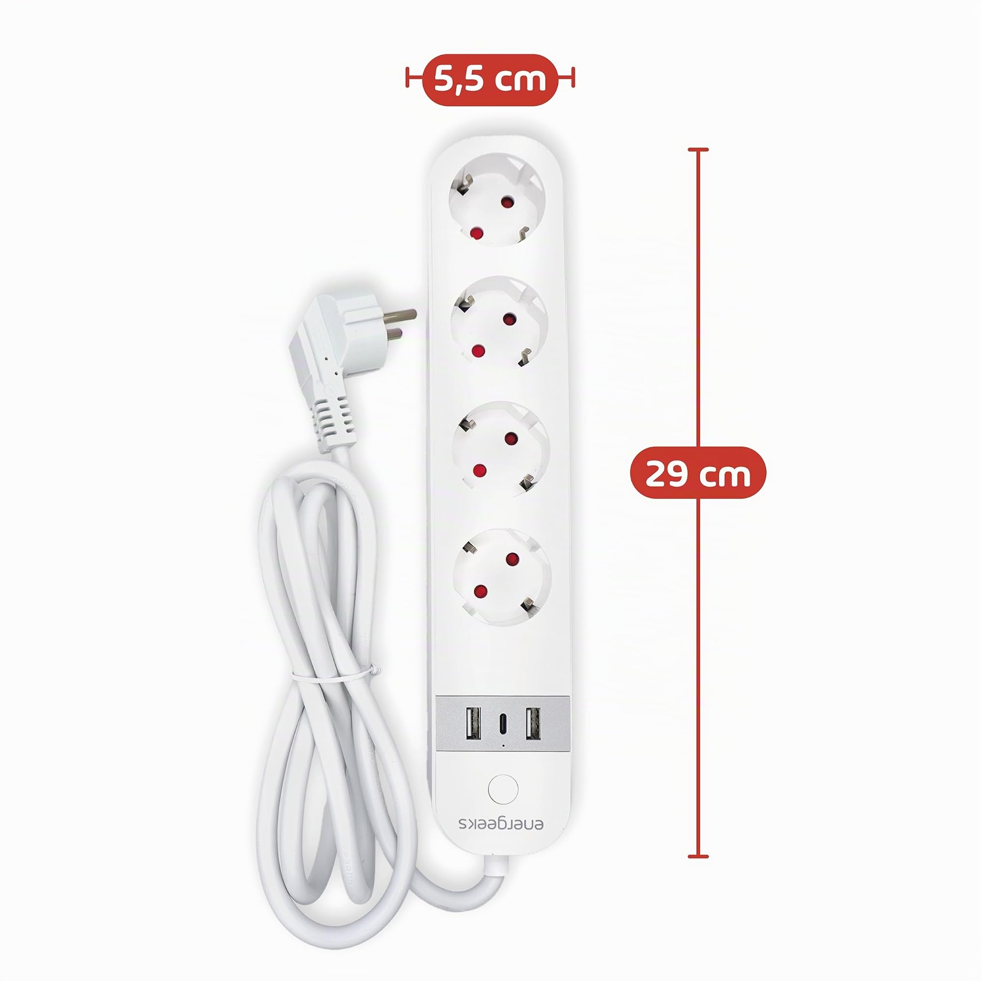 Energeeks - Regleta Enchufe WiFi Inteligente - Medidor de Consumo Integrado - 4 Entradas - 2 USB - 1 USB-C - Tipo Schuko - 2,4 GHz - 16A/3680W - 240V/60Hz - App Móvil - Compatible con Alexa y Google