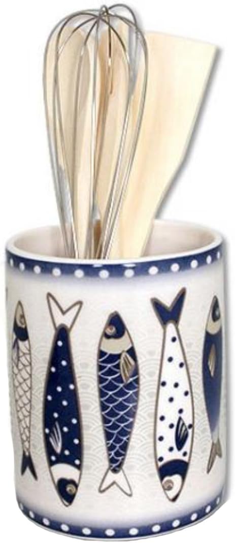 004728 Ceramic Utensil Holder with Fish Design and Kitchen Utensils