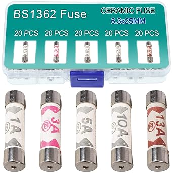100PCS BS1362 Fuse 3A 5A 10A 13A 1A amp 240V volt Ceramic Tube Fuses Mixed Household Mains Plug UK Assortment Kit 6.3x25 mm 0.248x0.984 Inch, 4 Values Fuses