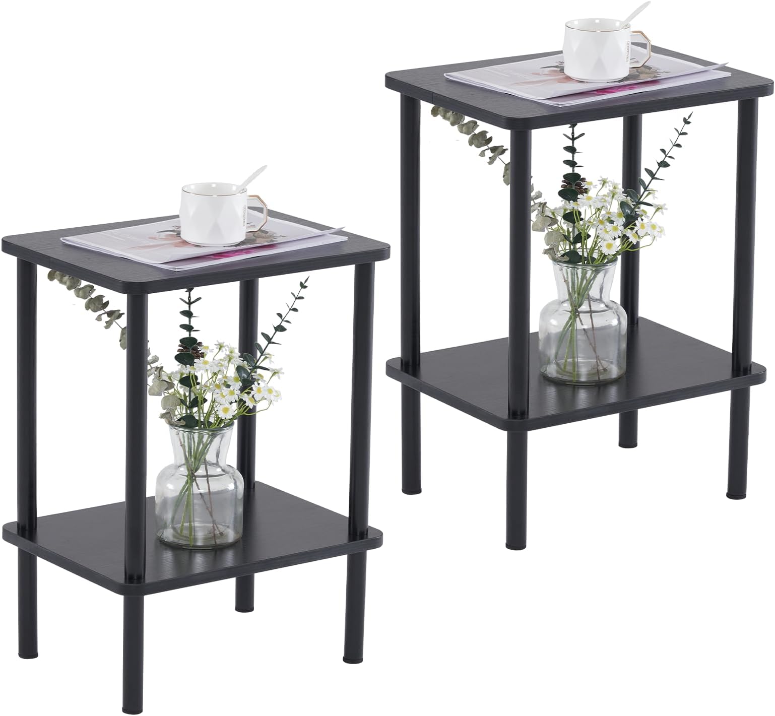 Apicizon 2 Tier End Table Set of 2, Small Side Table with Solid Wood Legs, Boho Bedside Table with Storage Shelf, Nightstand for Small Spaces, Bedroom, Living Room, Entryway, Easy Assembly, Black