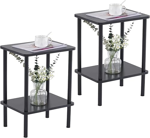 Miniatura 1 de Apicizon Juego de 2 mesas auxiliares de 2 niveles, mesa auxiliar bohemia con estante de almacenamiento, mesita de noche para espacios pequeños,