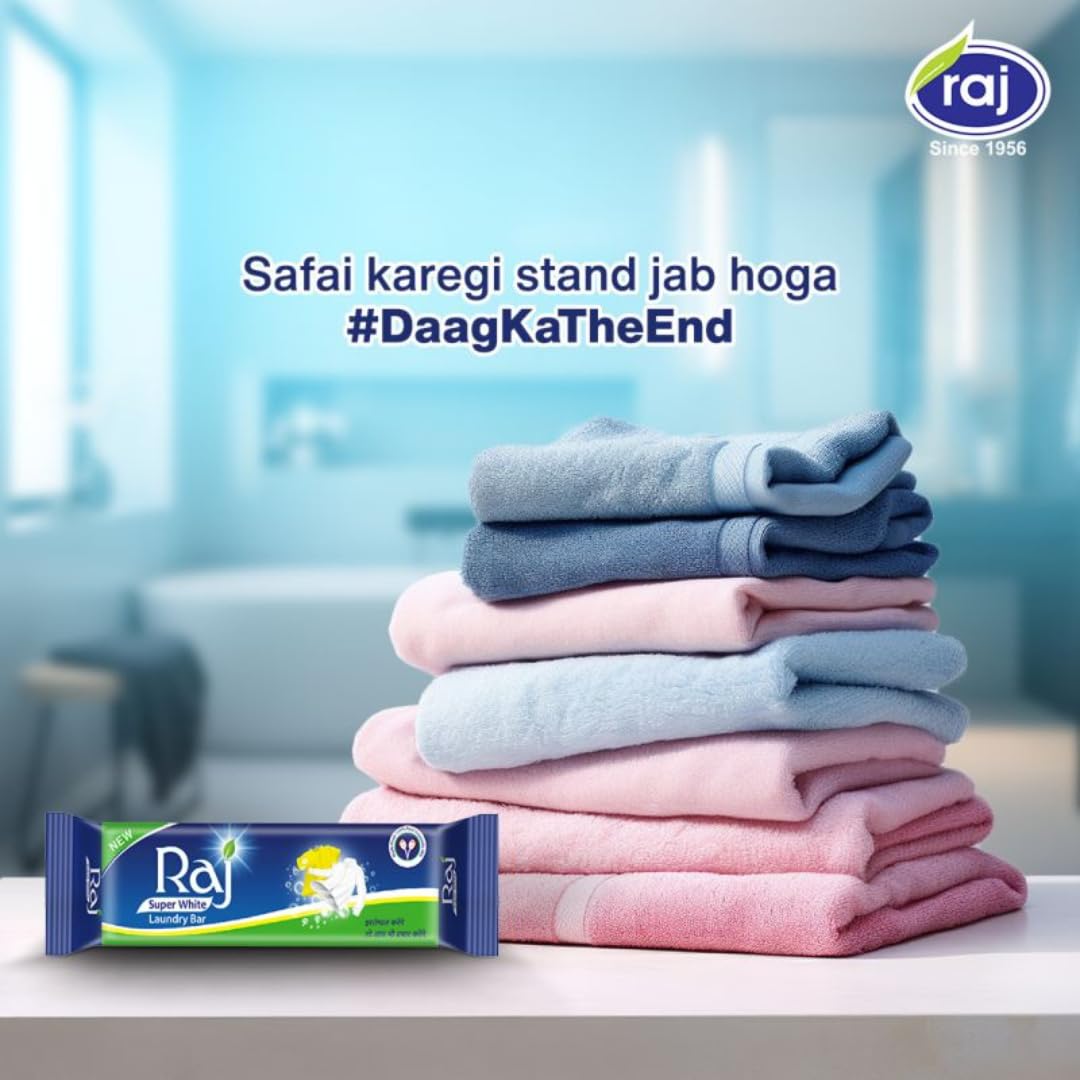 Raj Super White Laundry Soap Bar for Clothes | Tough Stain Remover | Fresh Fragrance | Gentle on Fabrics | Trusted Since 1956 | 60g x 20 Bars Pack 1