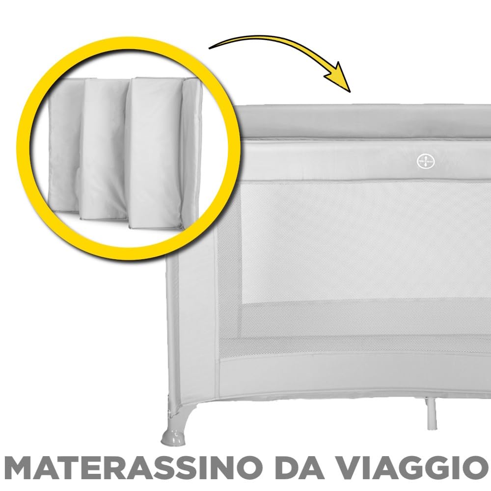 Lettino da Viaggio 0-4 anni, Borsa per il Trasporto, Richiudibile e Trasportabile, altezza fissa, simpatiche grafiche laterali (grigio)