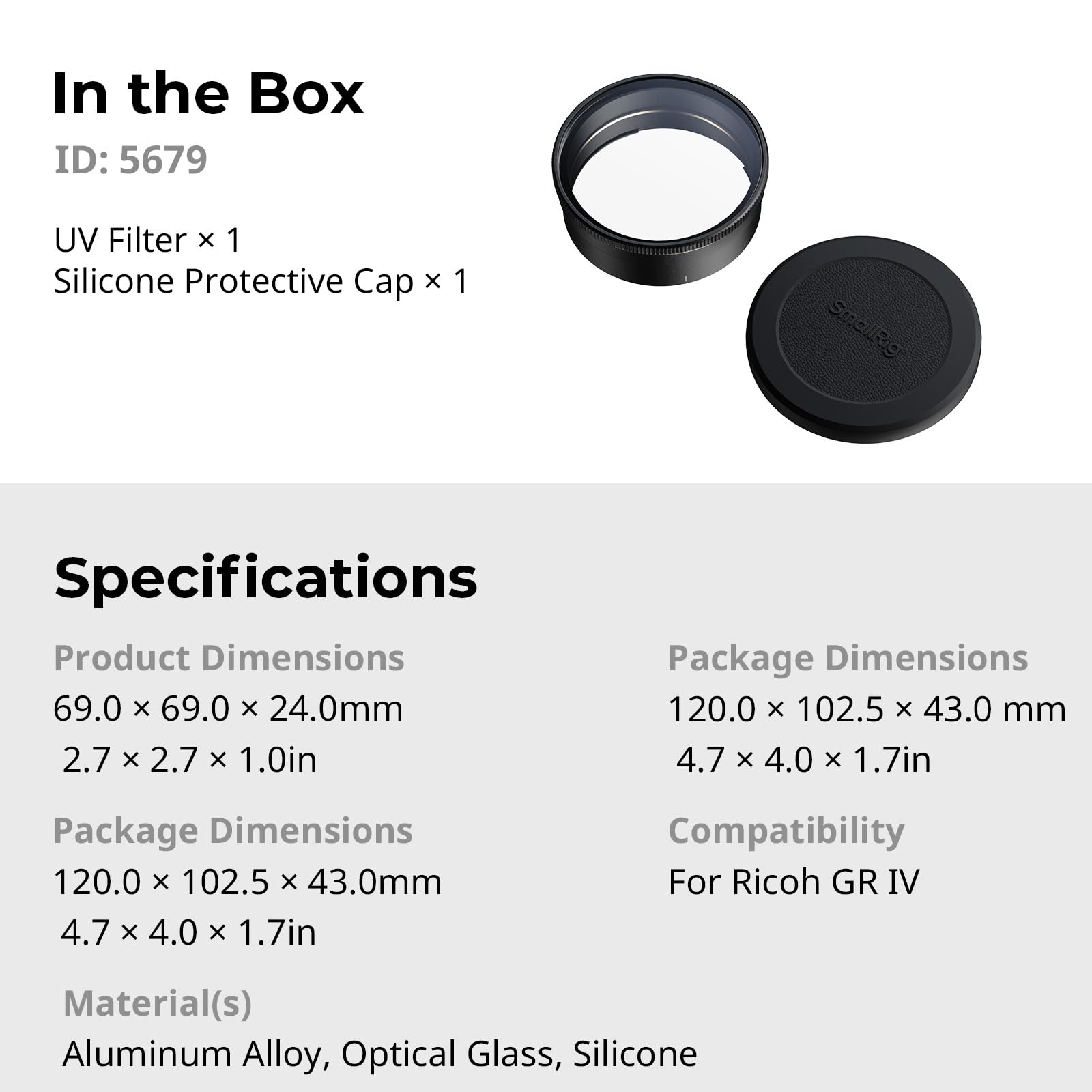 SmallRig Filtro UV y parasol todo en uno para RICOH GR IV GRIV con tapa protectora de silicona, parasol dedicado que reduce la luz parásita, revestimientos multicapa, resistente a los arañazos - 5679