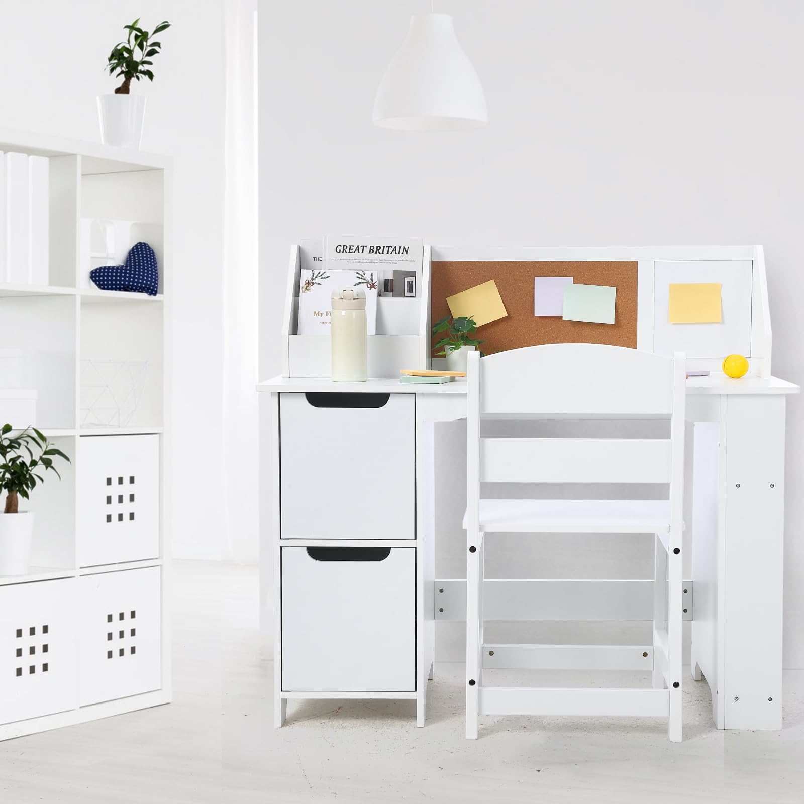 Garvee Ensemble Bureau et Chaise pour Enfants, Bibliothèque, Table et Chaise en Bois avec Étagère de Rangement, Table d'étude pour Chambre Enfant de 3 à 8 Ans