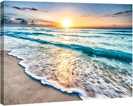 Wieco Art Sea Waves Large Canvas Prints Wall Art Ocean Beach Pictures Paintings Ready to Hang for Living Room Bedroom Home Decorations Modern Stretched and Framed Seascape Giclee Artwork