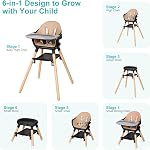 Baby High Chair, 6 in 1 Wooden Convertible High Chairs for Babies and Toddlers, Booster Seat with Double Tray & Reversible Footrest Baby Highchair, 5-Point Harness Baby Feeding Chair, Black