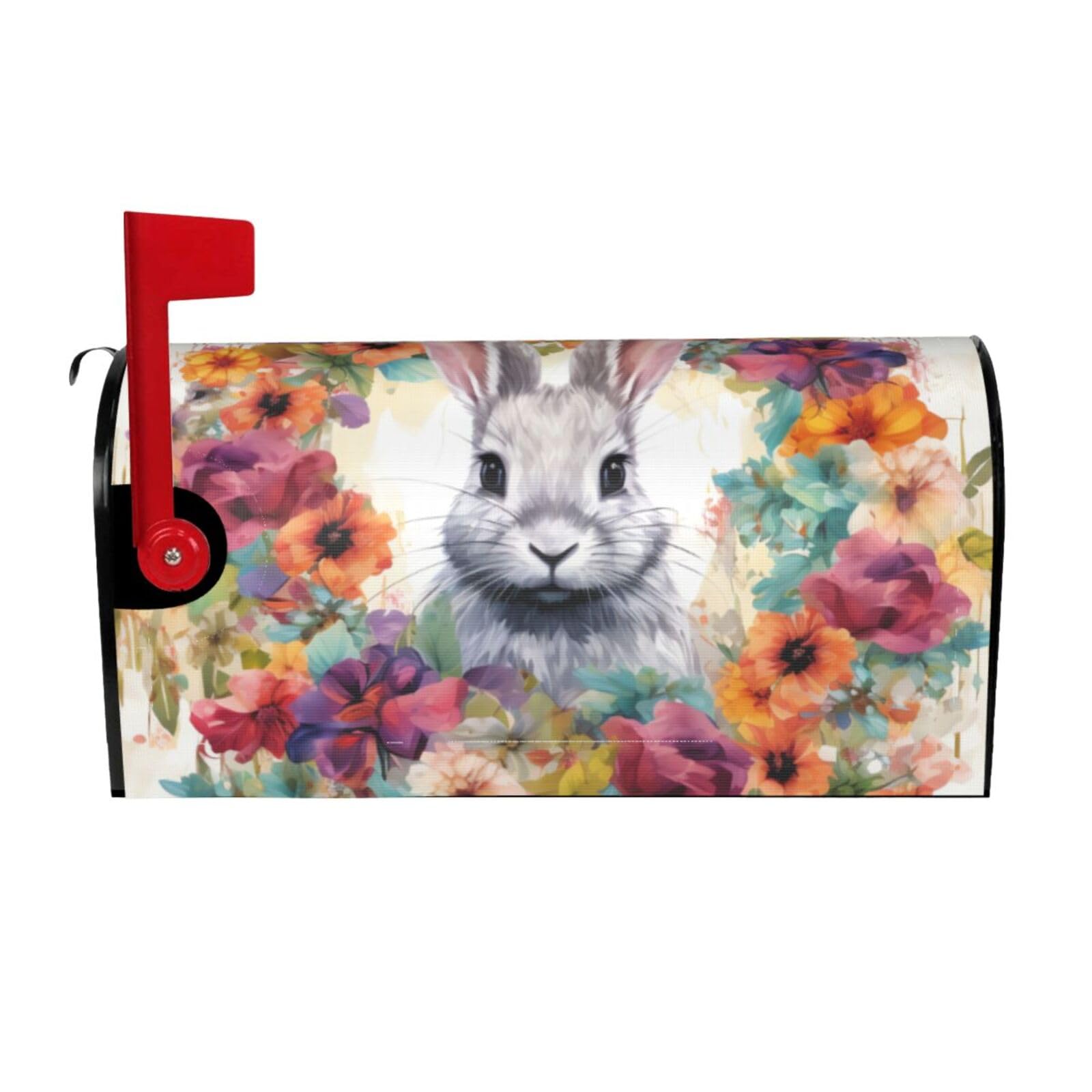 Watercolor Rabbit and Flowers Mailbox Covers Magnetic Wraps Post Letter Box Cover Garden Home Decor 25.5x21 in