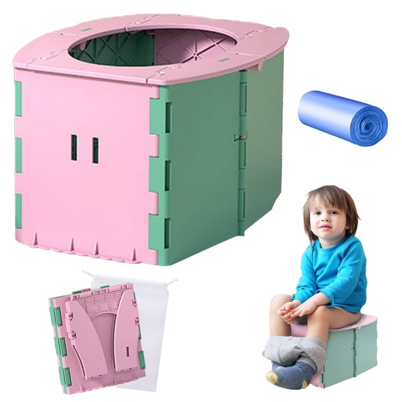 Pieghevole WC per Bambini,Sedile Portatile Vasetto per Bambini,Sedile WC Pieghevole per Bambini,Toilette Pieghevole per Bambini,Vasino Portatile per Bambini da Viaggio,Verde rosa