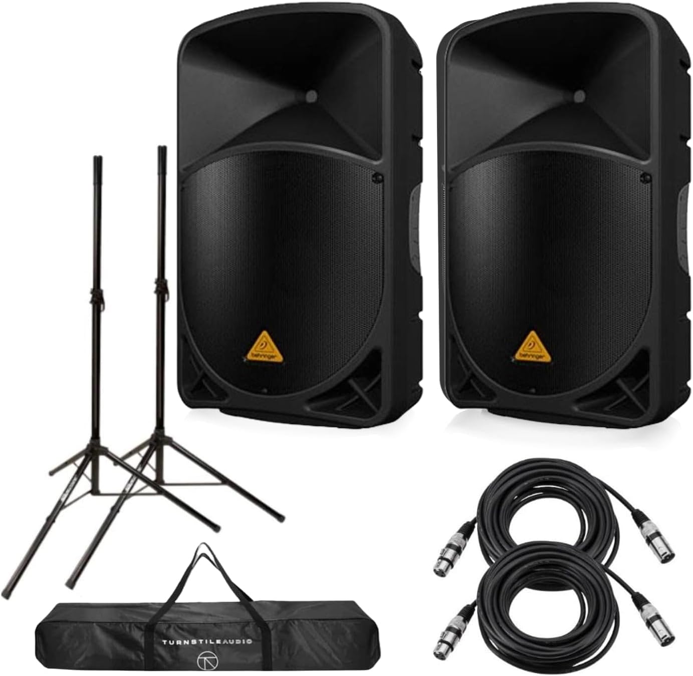 Behringer 2 Pack EUROLIVE B115D Active 1000-Watt 2-Way 15" PA Speaker System - Bundle with 2 Pack 25' XLR Microphone Cable, Turnstile Audio Tripod-Style Speaker Stand Pair