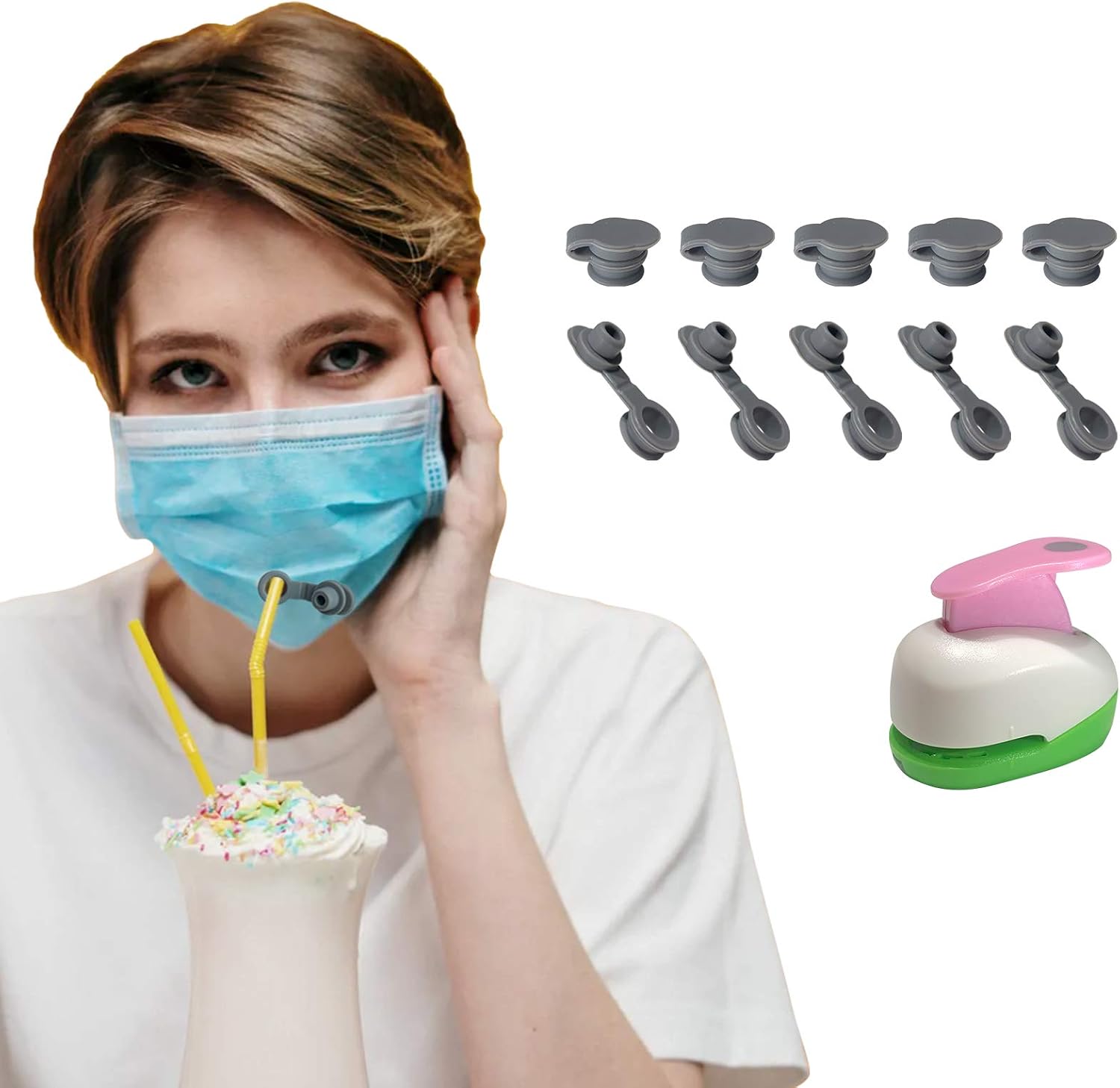 ZUKIBO Mask Drink Hole Straw Hole for Mask Reusable Drink Valve Hole with Plug Stopper for Mask 10 PCS Set (Hole Puncher Included)