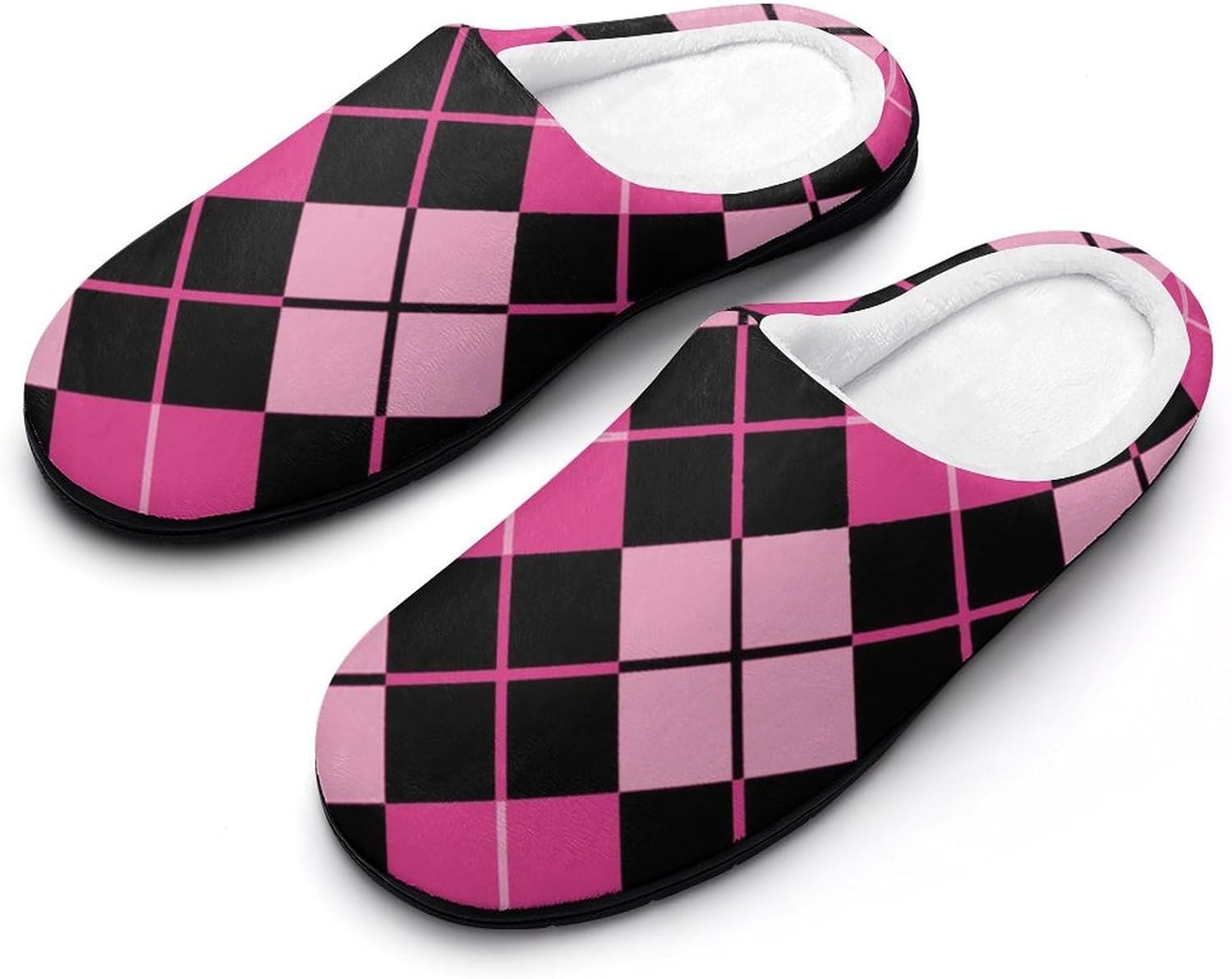Pinkblack Argyle Women's House Slippers Memory Foam Warm Shoes Spa Rubber Sole Indoor Outdoor