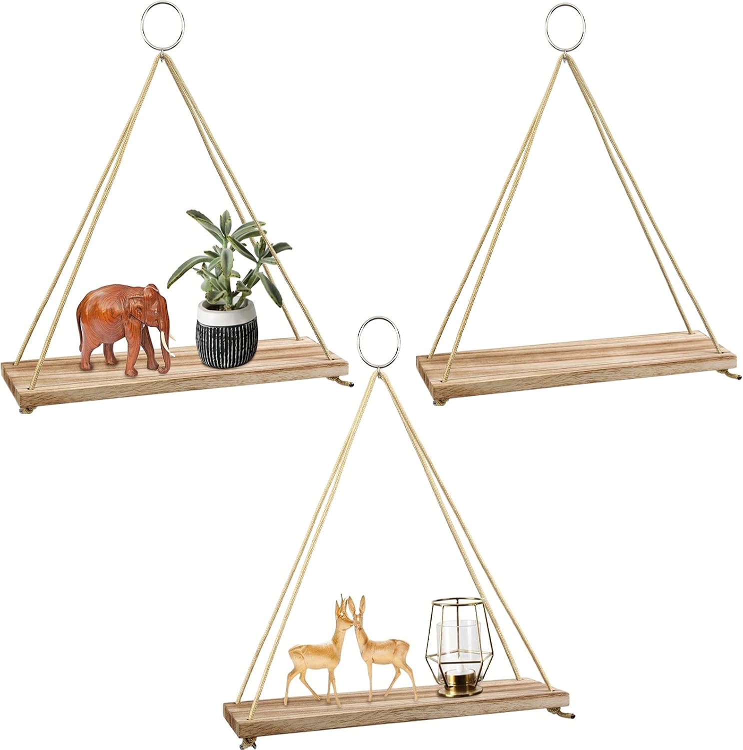 POZEAN Hanging Shelves 3 Pack Wooden Floating Wall Shelves, Hanging Plant Shelf, Boho Wall Decor Shelves for Bedroom, Plants, Living Room, Office (Included 6 Ropes 3 Rings 3 Hooks and Anchors)