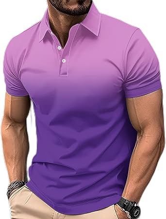 Polo Shirts for Men Short Sleeve Collared Button Athletic Golf Shirts Trendy Gradient Slim Fit Basic Gym Workout Tops