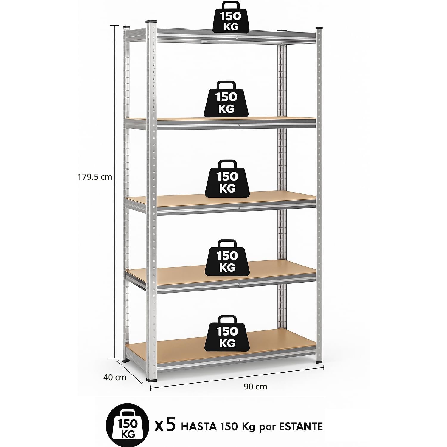 T-LoVendo Estantería Metálica Almacenaje de Acero Galvanizado + 5 Baldas MDF, 180 x 90 x 40cm, Modular, Baldas Ajustables, trastero, Garaje — view 3