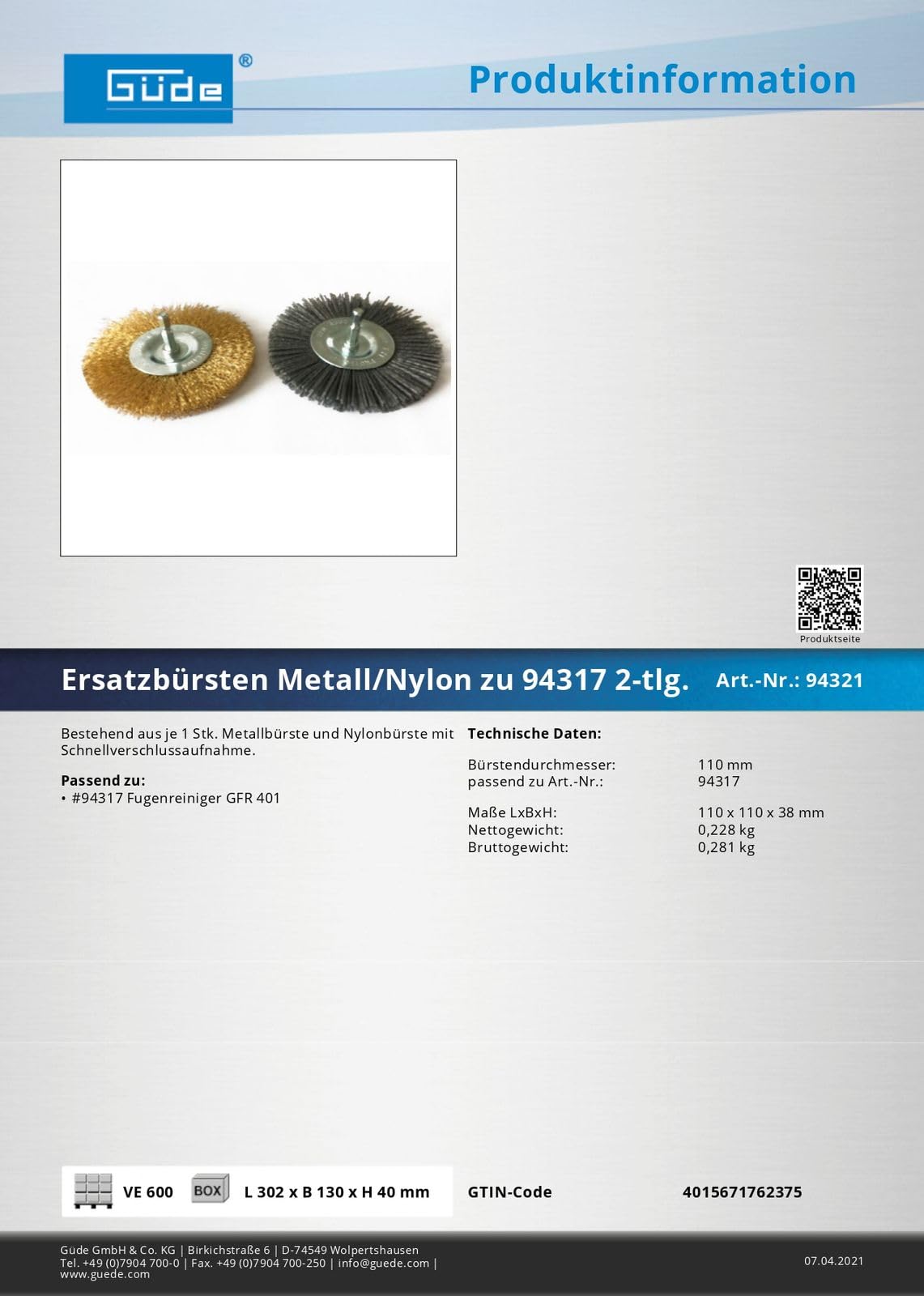 Güde Zestaw 2 szczotek zapasowych do czyszczenia fug GFR 401/94317 | szczotka nylonowa i metalowa | Ø 110 mm | szczotka zapasowa