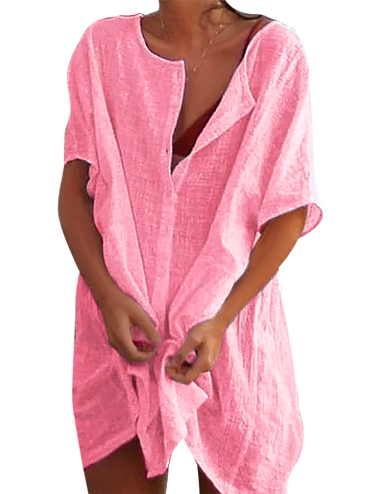 RITOSTA Camisas Mujer Largos Vestido Playa Verano Camisa Suelta de Bikini Cover Up Traje de Playa para Mujer Vestido de Playa Casual Blusa Camisolas Playeras Suelto Pareos Color Sólido