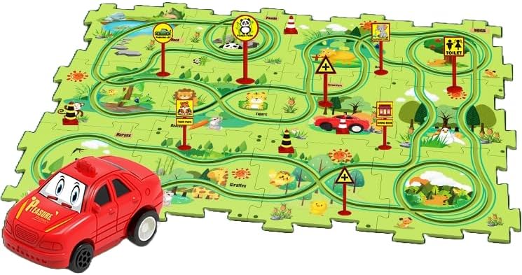 PowerTRC Rompecabezas de coche de ferrocarril de plástico con un coche y señales de carretera Montessori educativo imaginativo aprendizaje