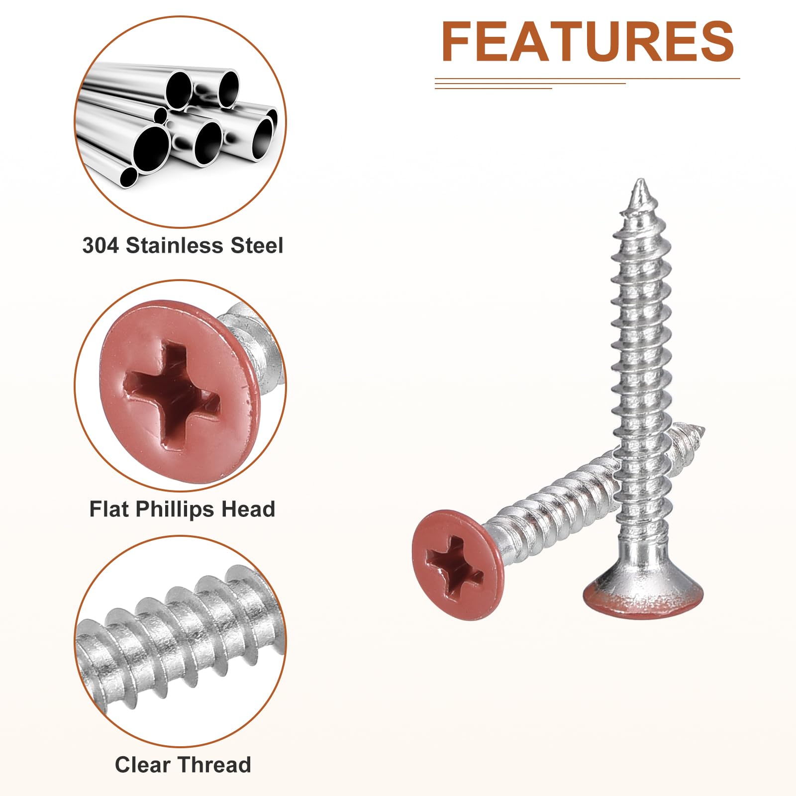 DTGN 100Pcs #6x1" Flat Head Wood Screws, 304 Stainless Steel Brown Phillips Self Tapping Screws - Image 4