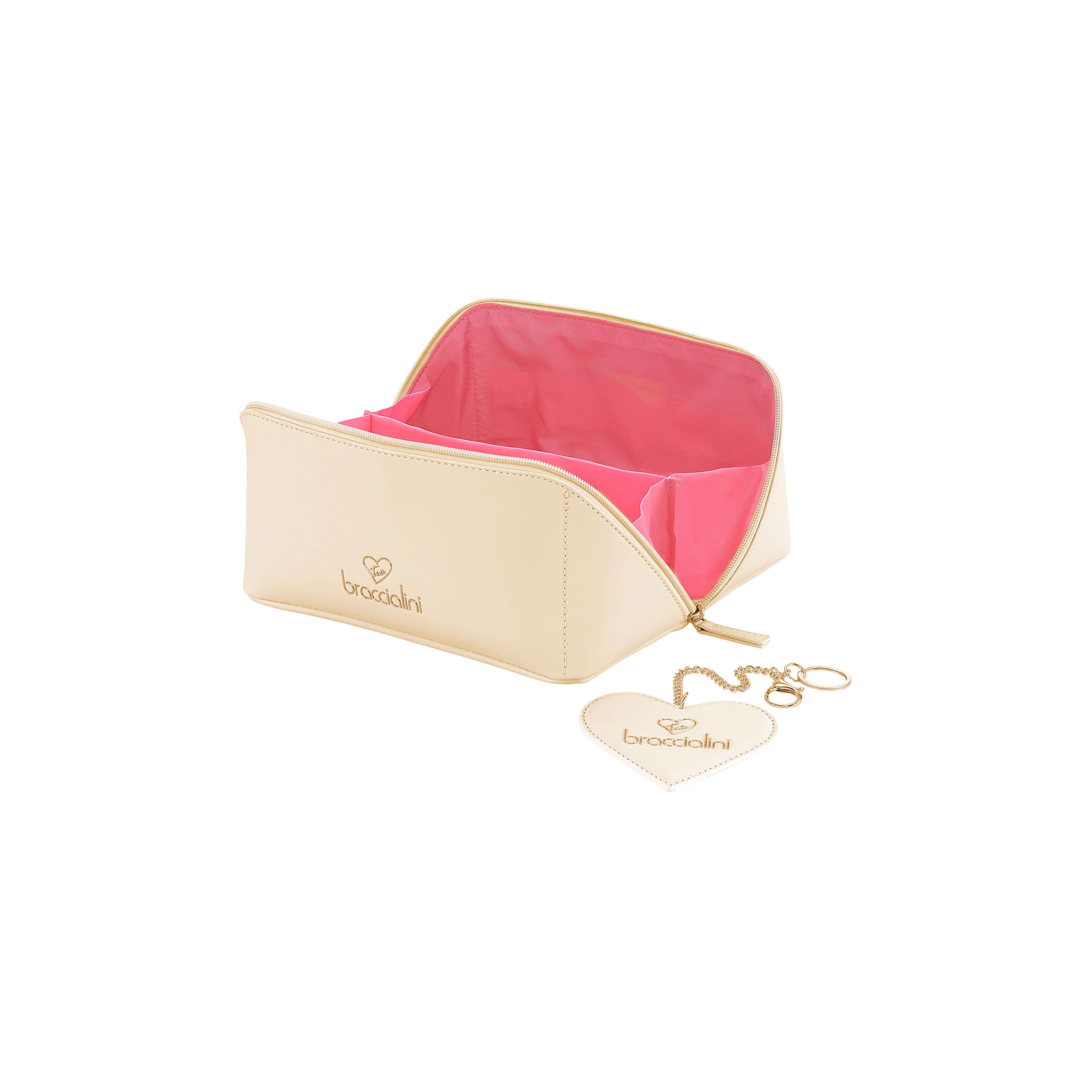 Braccialini Ariel Compatto, elegante e funzionale, il beauty case Braccialini è l’accessorio ideale per organizzare con stile i tuoi essenziali di bellezza. Realizzato in color avorio, è impreziosito