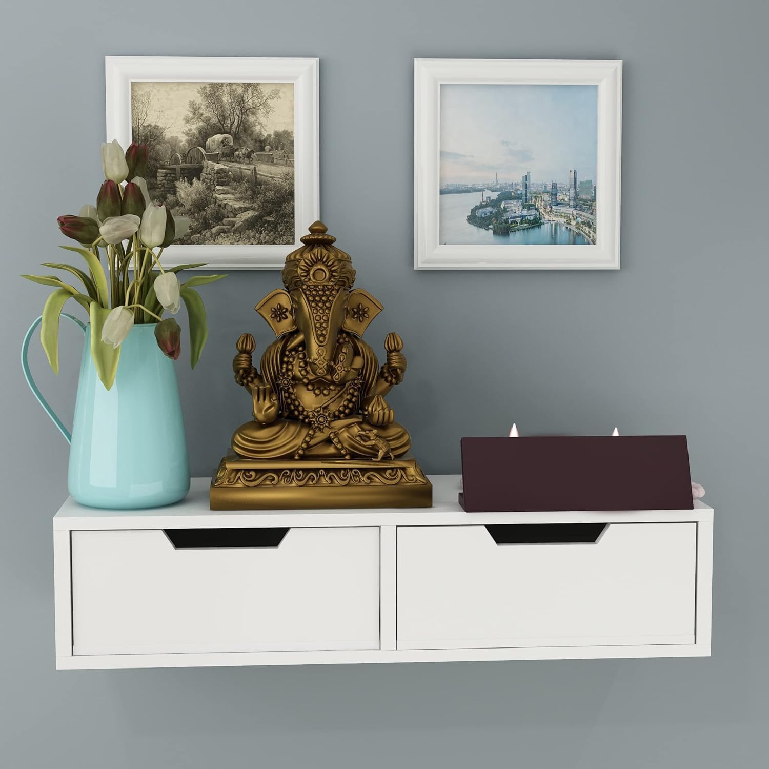 FURNIFOX Floating Shelf with Drawer, 2-Shelf Modern Wall Shelf with Storage, White Floating Shelf for Bedroom, Living Room, Dressing Room & Closet-image-35