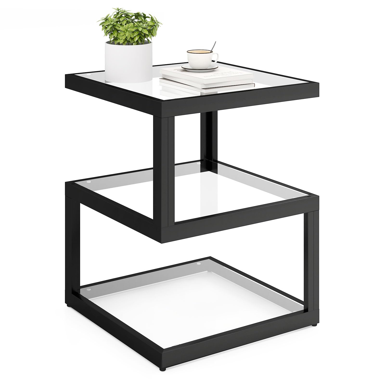 Photo 1 of Permory S-Shaped 3-Tier Glass Side Table with LED Strip, Modern Black End Table for Living Room & Bedroom (Square)