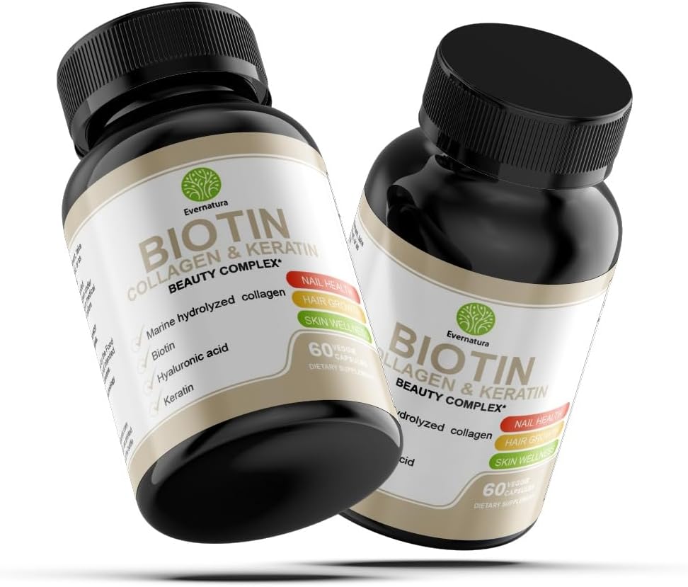 Evernatura Biotin Complex with Collagen, Keratin & Hyaluronic Acid, 120 Veggie Capsules, 25,000 Beauty Complex for Hair, Skin & Nail Health (1)