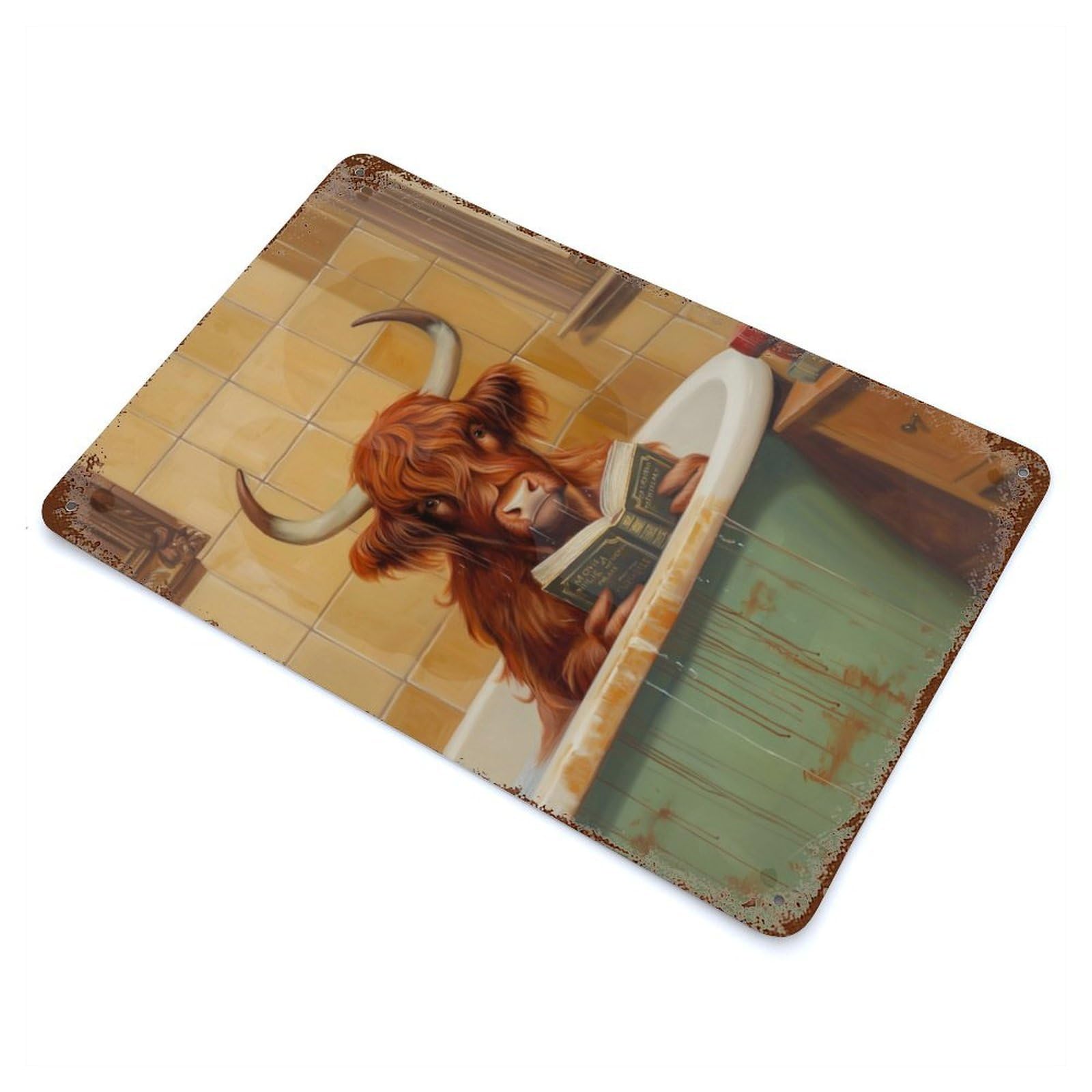 Highland Cow Reading Book Rusty Metal Tin Sign 11.8"x7.9", Industrial Home Decor for Garage, Pub Or Kitchen