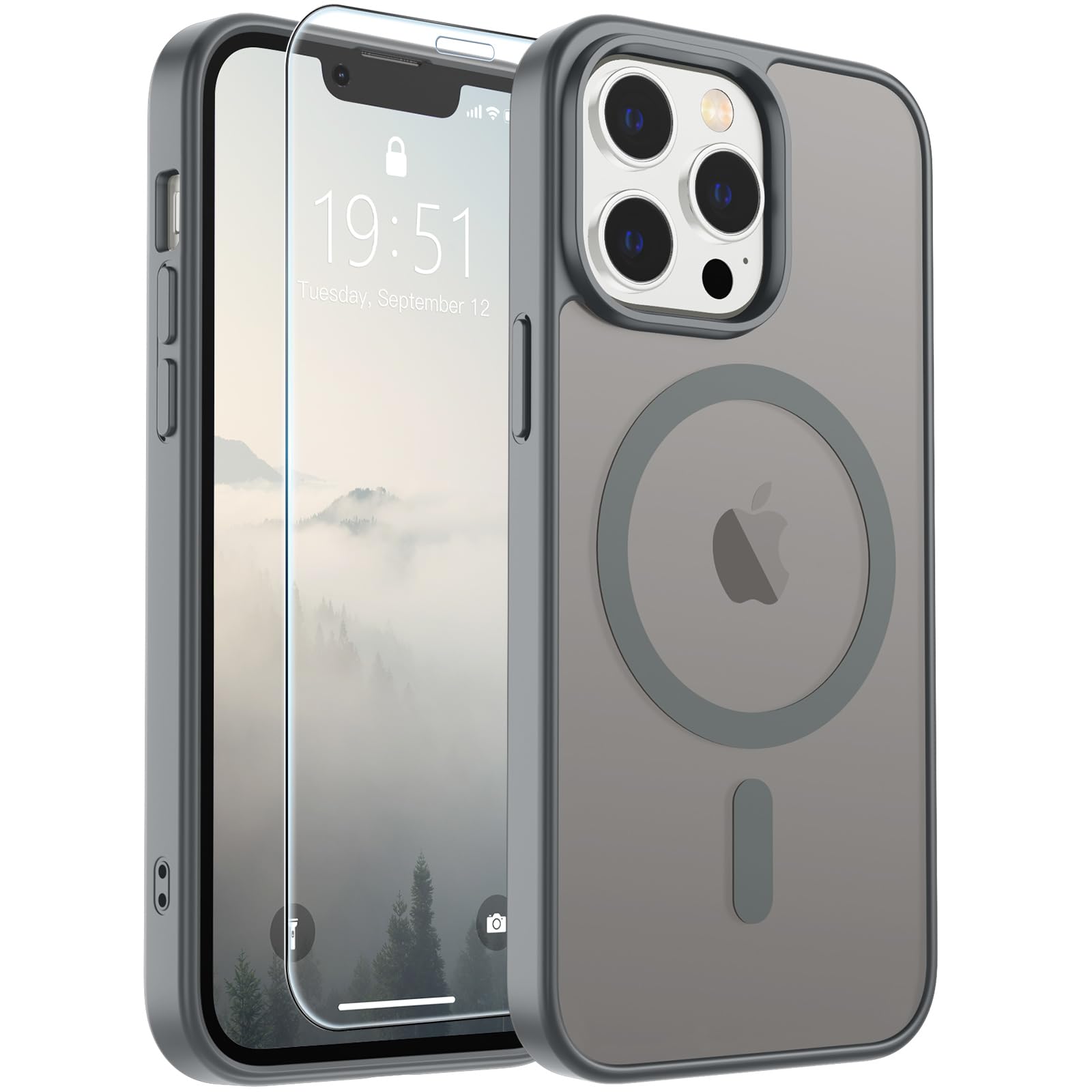 SUPFINE Magnetic for iPhone 12 Pro Max Case Gray | With Screen Protector, Translucent Matte, Compatible with MagSafe, Military Grade Drop Proof, Rugged Shockproof Protective