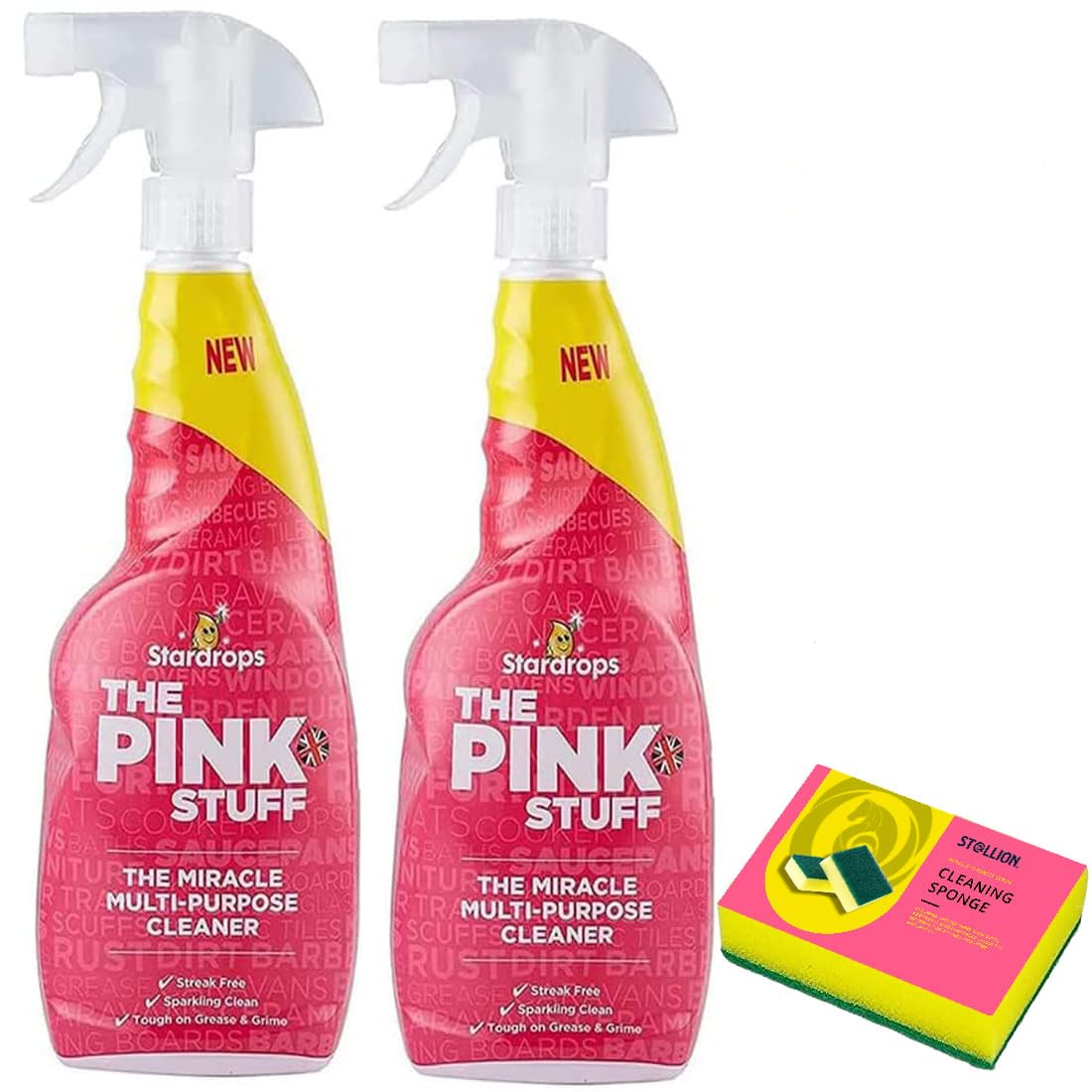 St@llion 850ml The Pink Stuff Spray Miracle Multi-Purpose Trigger Grease Stains Thick Cleansing Bathroom Foam Gel Cleaner Spray Grime Shine - Includes 1 Cleaning Sponge (Pack of 2)
