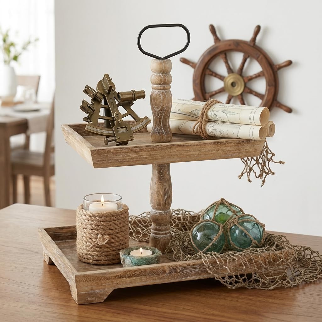 Hanobe Deko Tablett Etagere Holz: Braun Holztablett Groß Rechteckig mit 2 Ebenen Bauernhaus Dekotablett Vintage Shabby serviertabletts für Home Kaffeeecke Duschraum