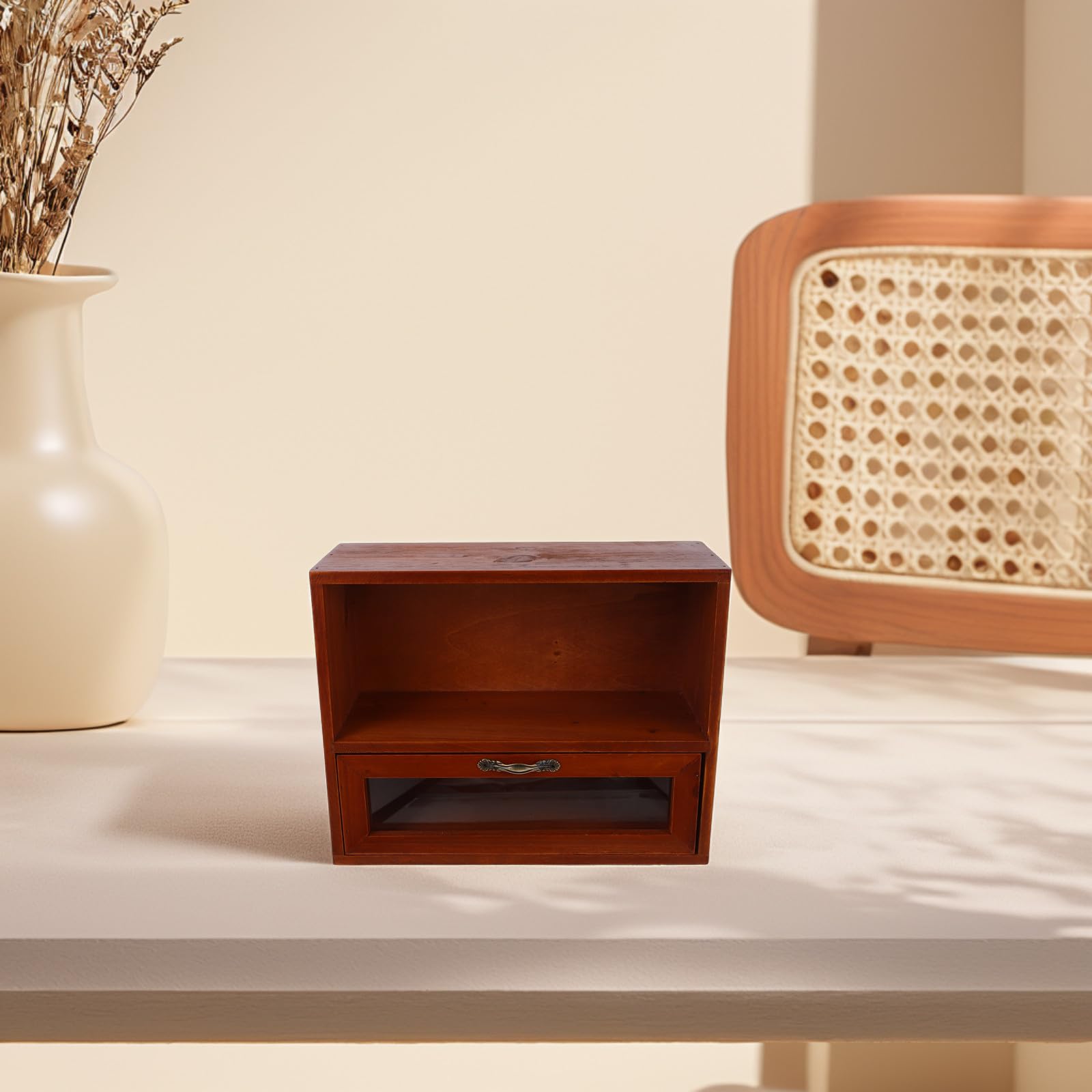 SHINEOFI Freistehende Holz Aufbewahrungsbox Vintage mit Schublade Kosmetik und Teebecher Organizer für Küche und Badezimmer Retro Aufbewahrungskorb mit Regal