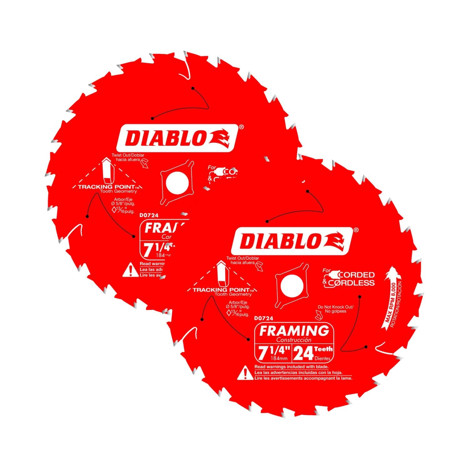 Freud D0724A Diablo 7-1/4-inch 24T ATB Thin Kerf Framing Saw Blades, 2-Pack