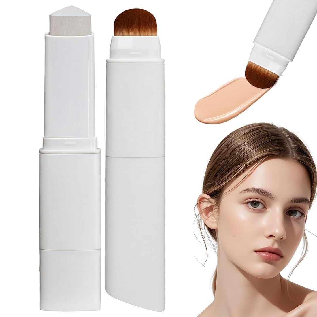 Base Maquillaje Barra Chartming Con Brocha,Crema Blanca Cambia De Color,Corrector Alta Cobertura,Resistente Agua Y Al Sudor,Base coreana,Consigue un maquillaje natural (Light)-E