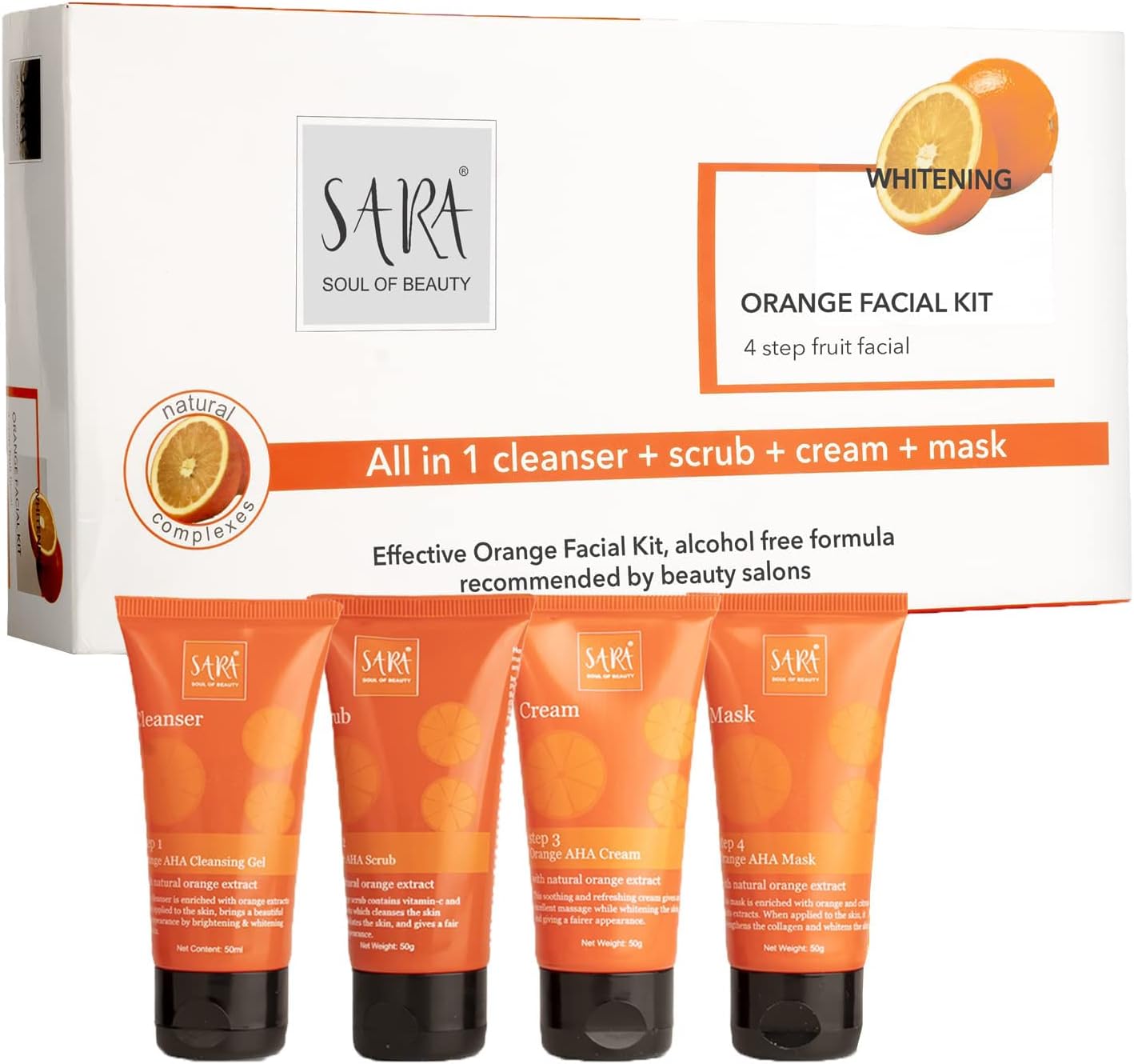SARA Orange 4-Step Fruit Facial Kit For Brightening & Natural Organic skin | All in 1 ( Cleansing + Scrub + Cream + Mask ) | Suitable For All Skin Type , (4 x 50 )g