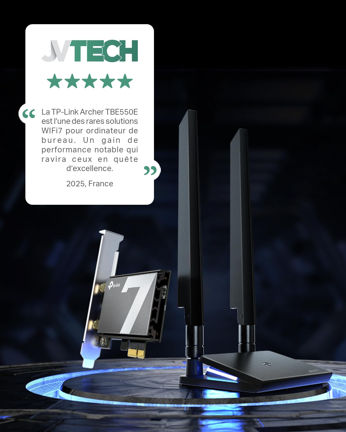 TP-Link Carte WiFi 7 PCIe BE9300 avec Bluetooth 5.4, Archer TBE550E | Tri-bande 6 GHz, MLO, base magnétique, idéal gaming/streaming 8K, pour Windows 11 (64 bits) uniquement