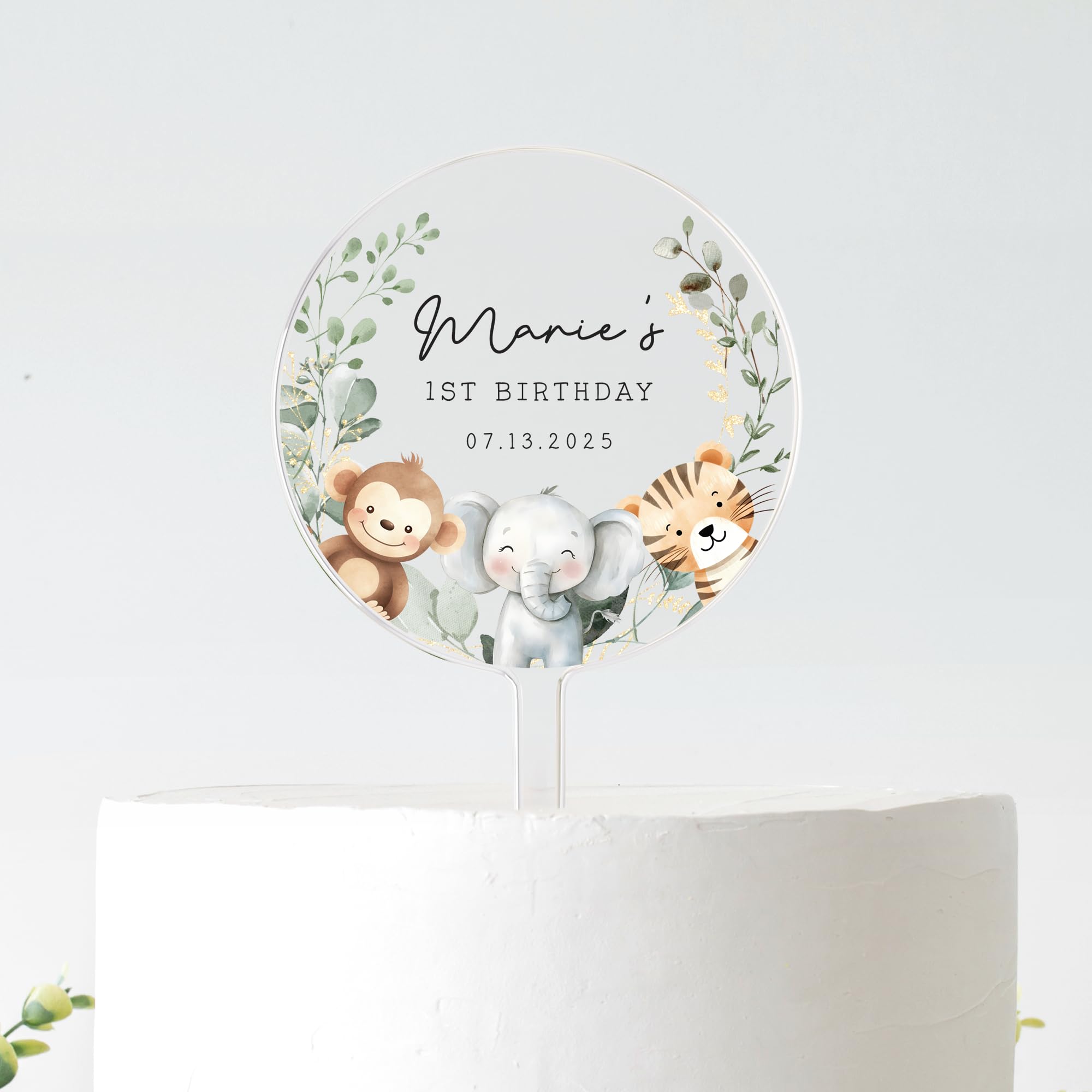 Personalised Safari Animal Cake Topper | 1st Birthday Jungle Theme | Custom Name & Date | Frosted Acrylic | 10cm or 12cm (Black Text, 12CM)