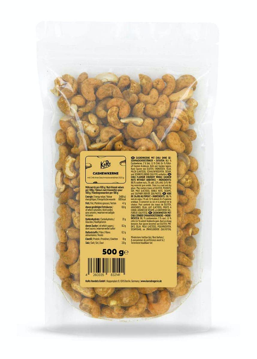 KoRo - Anacardi con Curry senza esaltatore di sapidità 500 g - Snack a base di anacardi raffinato con spezie